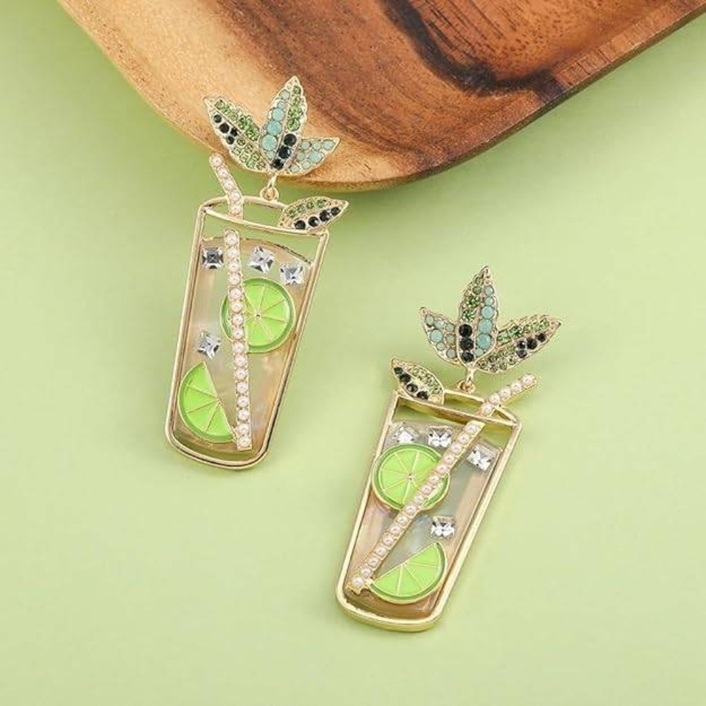Cocktail Earrings Fun Statement Sparkle Rhinestone Lime Mint Mojito Vacation